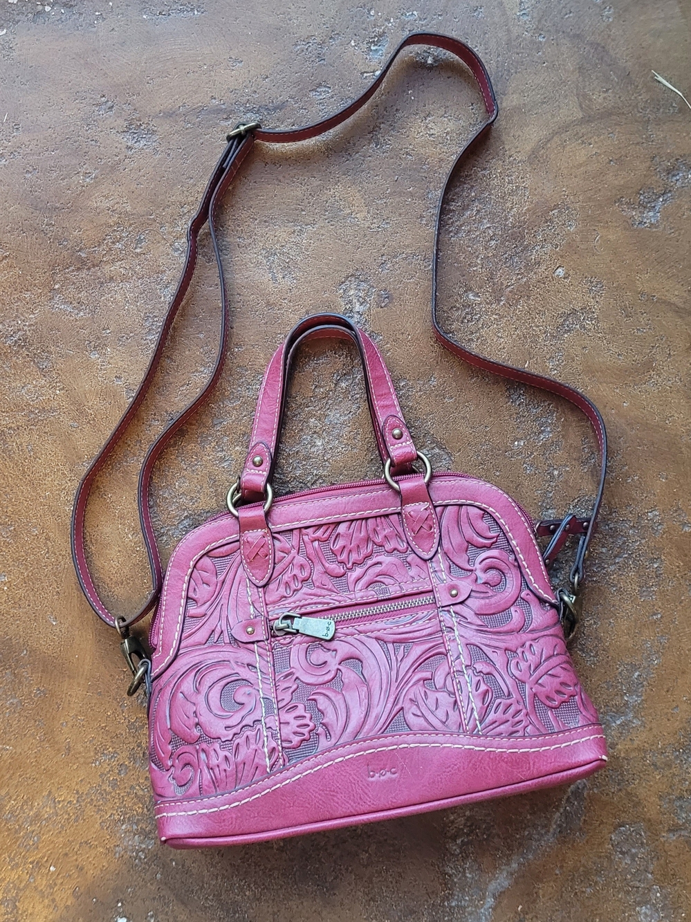 BOC Red Floral Tooled Leather Look Crossbody Bag